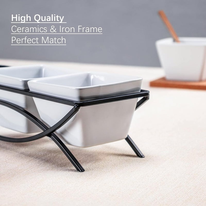 UNICASA Square Ramekin Bowls 10 oz, Condiment Serving Tray with Metal Rack Stand - Chips and Dips Snack Tray for Party - White Side Dish for Appetizer, Fruit, Nuts, Ice Cream, Candy - Image 4